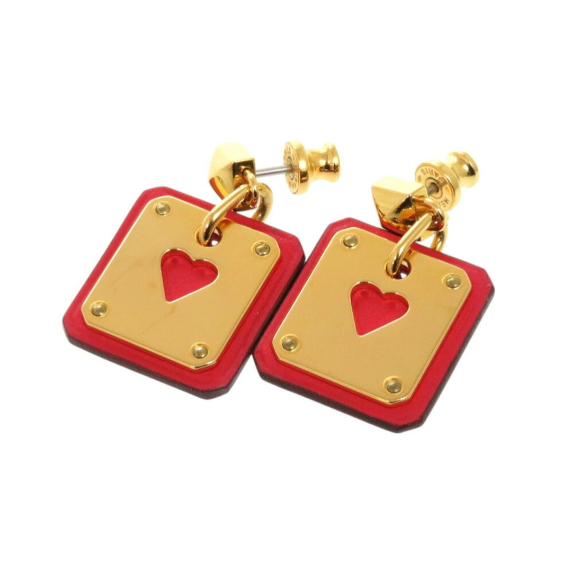 Hermes As De Coeur Swift Metal Gold Red Y Stamp Earrings 1380hermes